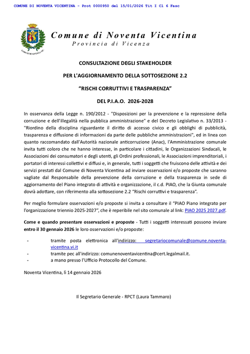 Consultazione degli stakeholder per l'aggiornamento della sottosezione 2.2 Rischi corruttivi e trasparenza del P.I.A.O. 2026-2028