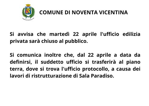 Avviso chiusura ufficio tecnico martedì 22 aprile e trasferimento
